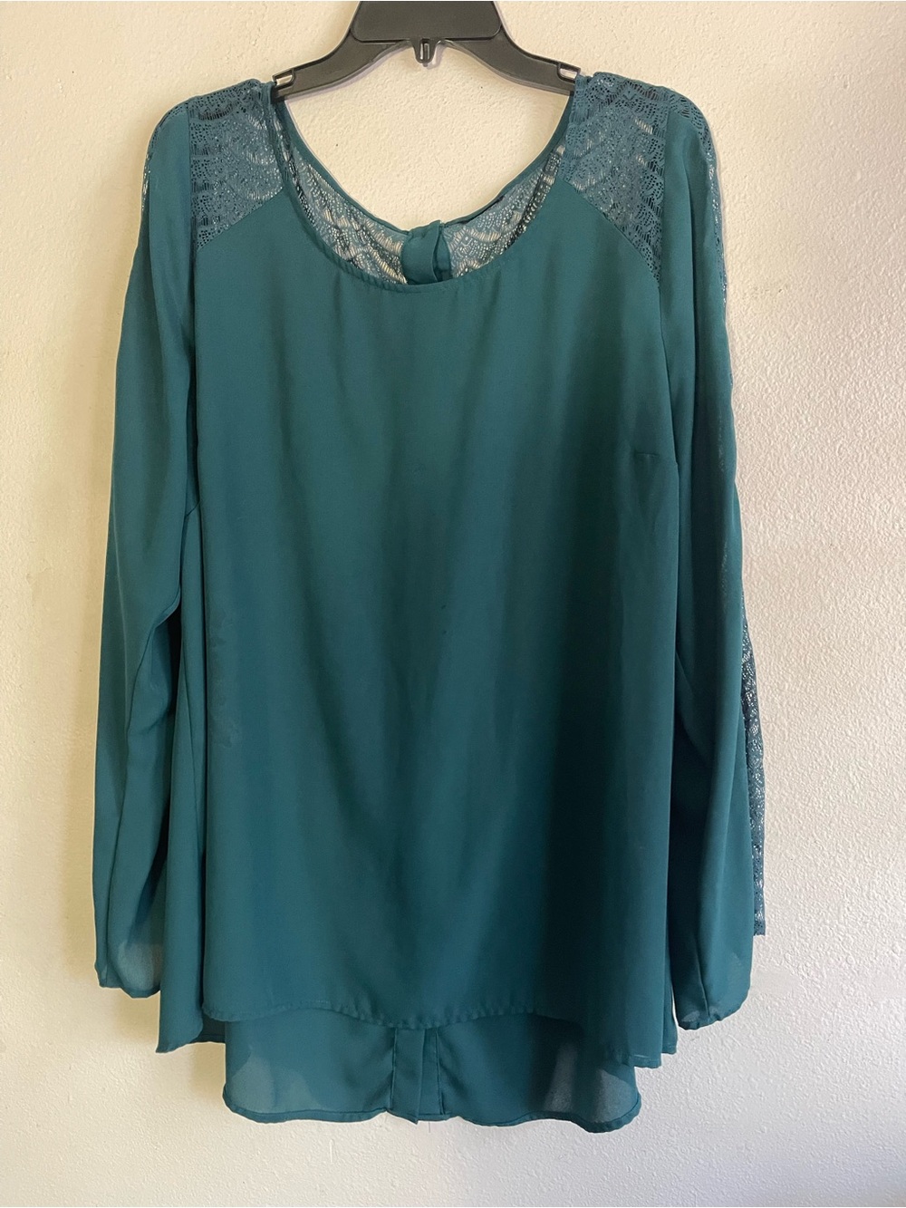 Women's Teal Lace-Trim Long Sleeve Blouse